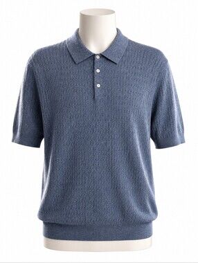 NWT M Magaschoni Men Short Sleeve Polo Sweater Size M Blue Textured Knit Preppy